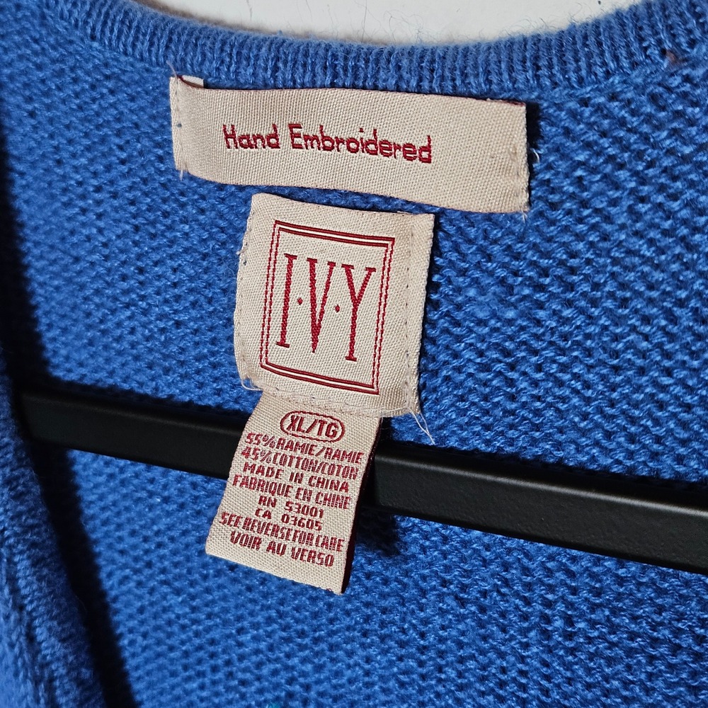 IVY Vintage Hand Embroidered Angel Floral Knit Grandma Sweater Vest Blue XL - Picture 4 of 5